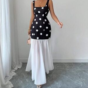 Elegant Black and White Polka Dot Maxi Dress